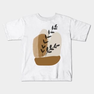 Black Leaves Blossom Abstract Shapes Warm Toned  Boho Design Kids T-Shirt